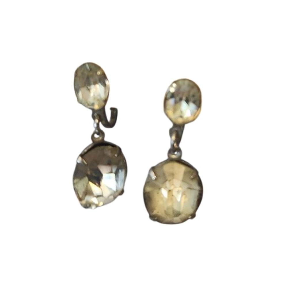 Elegant Vintage Silvertone Rhinestone Drop‎ Lever Back Earrings